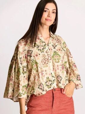 Before You With Love Button-Down Blouse in Cream with Pink & Green Print NWT